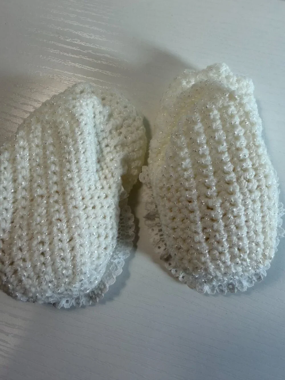 Vintage crochet baby booties, white with hand stitched pink flowers, homemade
